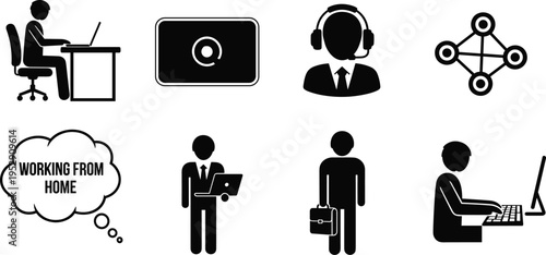 Working from home remote office worker icons set for business communication freelance professional and digital nomad lifestyle in global network