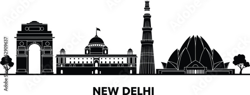 New Delhi skyline silhouette vector illustration, India Gate, Rashtrapati Bhavan, Qutub Minar and Lotus Temple landmarks, famous Indian architecture cityscape design