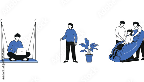 Laptop vector illustration of people with disabilities using assistive technology