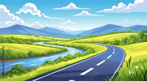 Serene Countryside Road with Winding River and Rolling Hills A Beautiful Vector Illustration for Your Next Project