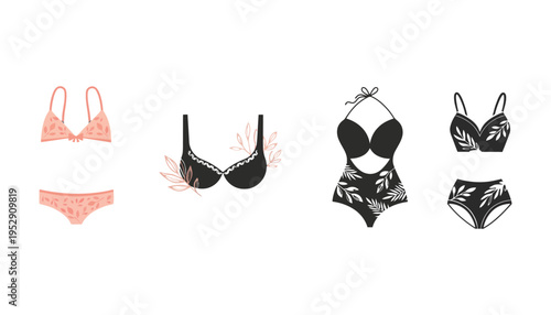 Lingerie set vector illustrations in various colors and patterns
