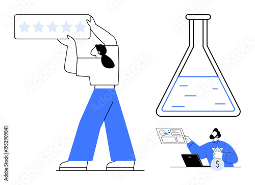 Customer experience, scientific research, financial services, problem solving, technology, quality assessment. A person holding a star rating, lab flask and professional analyzing data. Customer