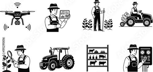 Smart Agriculture and Modern Farming Technology Icons Set Featuring Farmer with Tablet, Drone Surveillance, Tractor, Automated Irrigation, and Crop Monitoring Illustrations