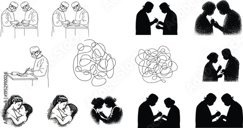 Surgical team silhouettes and line art icons featuring surgeons performing operations, medical procedures, hospital surgery, and healthcare stipple vector illustrations.