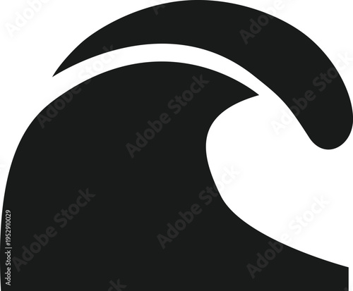 A black and white minimalist graphic icon featuring a stylized cresting ocean wave in simple form