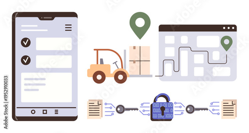 Supply chain, blockchain, logistics, delivery, inventory management, security. Smartphone interface, forklift with package online map with location blockchain network. Supply chain and blockchain