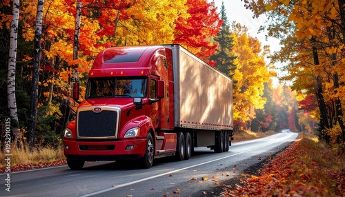 Red Semi-Truck on Autumn Road - A Scenic Transportation Image.