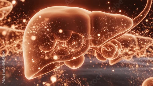 Abstract 3D Animation of Glowing Orange Liver Cells in Motion with Particles