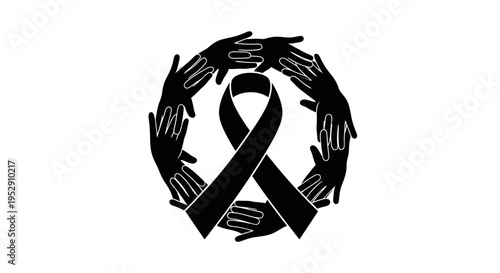 Black Awareness Ribbon Surrounded by Hands.
