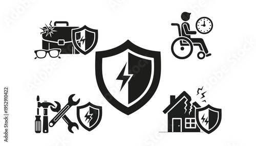 Insurance protection icon set with shield and lightning bolt symbols