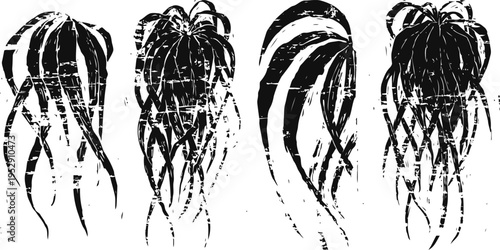 grunge tentacles illustrations in black set of four distressed octopus or squid tentacles designs with rough texture and vintage