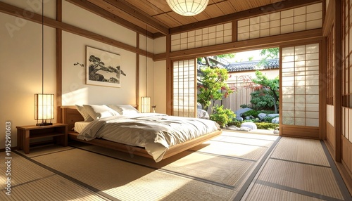 Serene Japanese Bedroom with Garden View and Natural Light.