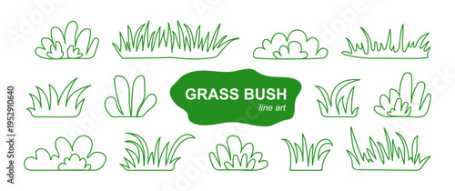 Bush grass linear doodle, lawn hand drawn outline set. Simple tree green icon, spring or summer cute plant and hassock silhouette isolated on white background. Foliage eco nature vector illustration
