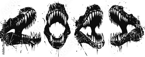 Tyrannosaurus rex skull silhouettes with open jaws prehistoric dinosaur fossil art set