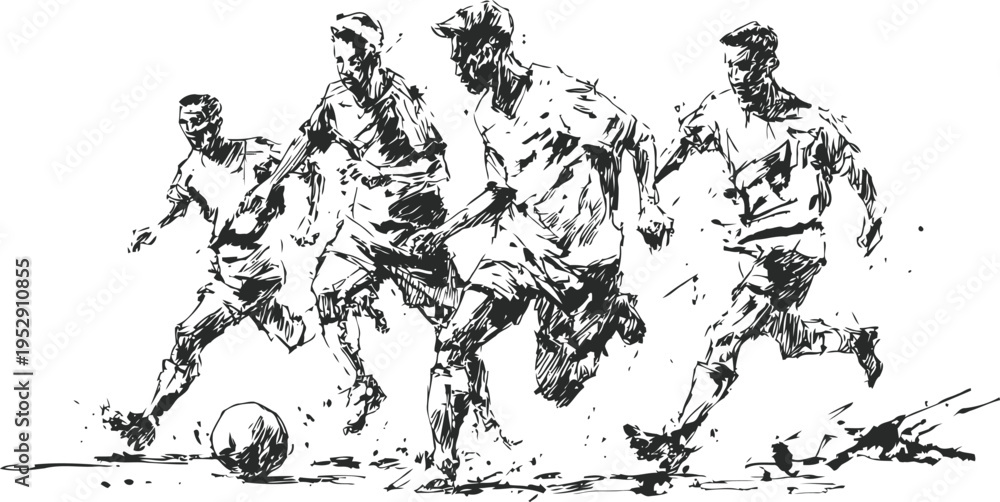 Fototapeta premium Dynamic black and white sketch of soccer players competing for the ball action game illustration