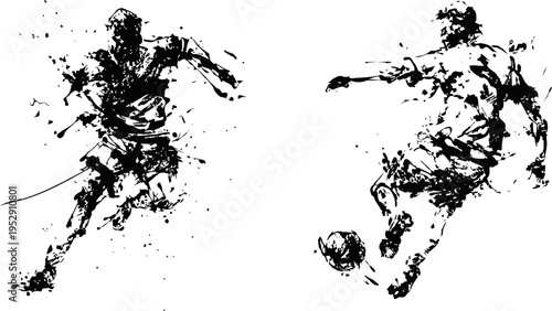 abstract black ink silhouettes of two soccer players competing with the ball on white background