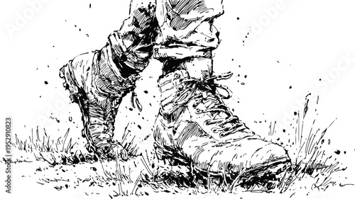 hiking boots walking on grass outdoor adventure, trekking footwear, nature exploration, rugged shoe, trail walking