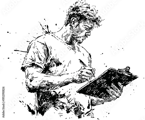 Male artist sketching on clipboard, creative work, drawing, focus, hand, expression