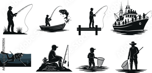 Set of black fisherman silhouettes catching fish from boats, piers, and shores, featuring commercial trawlers, spearfishing, nets, and rods, isolated vector
