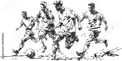 Dynamic black and white sketch of soccer players competing for the ball action game illustration