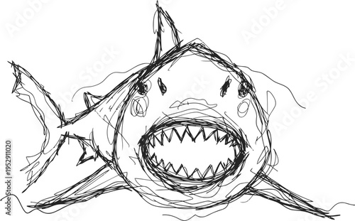 fierce shark sketch with open jaws and sharp teeth aggressive sea predator drawing, underwater wildlife concept