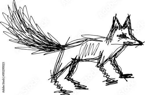 scribble fox illustration with bushy tail and sharp features, abstract animal sketch