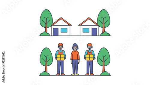 Construction workers and houses with trees in a vector illustration