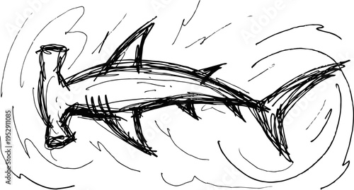 Hammerhead shark swimming underwater with dynamic sketch lines and tail movement