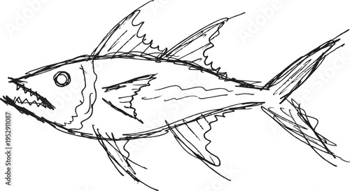 sketch of aggressive fish with sharp teeth and fins in dynamic swimming pose