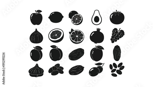 A collection of fruit icons in black silhouette illustration style