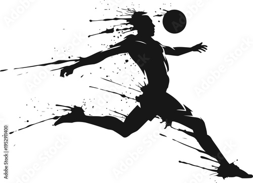 Soccer player kicking ball silhouette with paint splash effect dynamic sports illustration