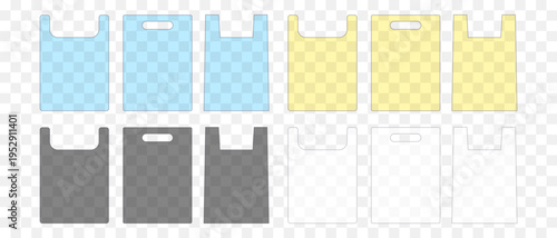 Transparent plastic shopping bag icons set in various shapes and colors. Plastic bags for garbage. Vector illustration isolated on transparent background.
