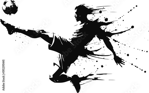 Dynamic soccer player silhouette kicking ball with motion splash effect in black and white design