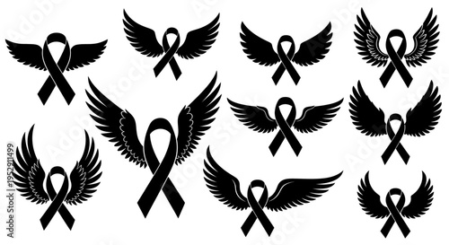 Black Awareness Ribbons with Wings Symbol.