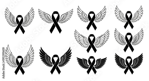 Black Awareness Ribbons with Wings Symbol.