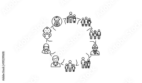 Life cycle outline icons in circular timeline with baby childhood family and aging stages vector illustration
