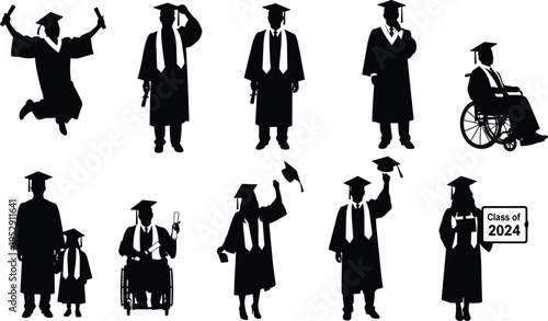 Vector Silhouette Set of Diverse Graduates Including Students in Wheelchairs and Jumping Celebrations Isolated on White Background for Graduation Design