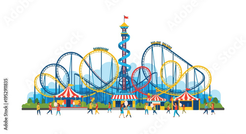 Colorful illustration of a lively amusement park with a roller coaster, striped tents, and people walking in a vibrant and playful atmosphere.