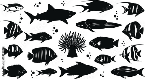 Tropical sea fish silhouettes collection featuring shark, coral, anemone, and various reef species icons set, isolated vector illustration for aquatic design.