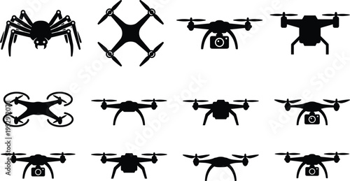 Drone and spider silhouettes set quadcopter UAV aerial black vector icons collection modern technology pack