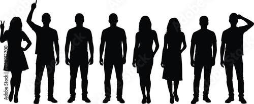 people silhouettes collection, standing men and women figures, diverse human poses set, isolated black silhouette characters, vector illustration for design