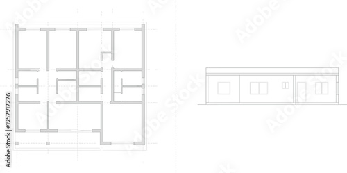 House floor plan and elevation blueprint architectural vector technical drawing modern residential building design