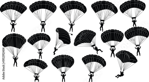 Large set of skydiver silhouettes with parachutes jumping and flying in sky for extreme sports adventure and outdoor activity designs.