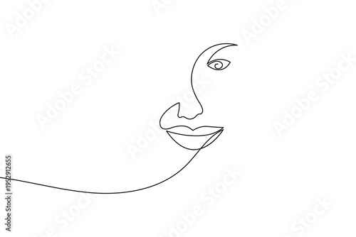 A minimalist continuous one line drawing of a woman's face. This elegant vector illustration features clean black lines on a white background, perfect for modern aesthetic designs and logos.