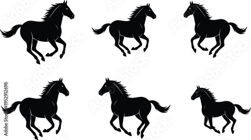 Running horse silhouettes set galloping equine black isolated vector illustration wild mustang motion collection