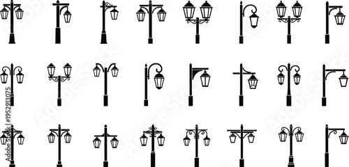 Street lamp silhouettes, vintage lighting, ornate lamp posts, lantern styles, scrollwork arms, urban decor, infrastructure art, classic design, architectural sketch, outdoor fixtures