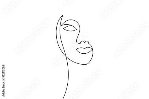 A minimalist continuous one line drawing of a woman's face. This elegant vector illustration features clean black lines on a white background, perfect for modern aesthetic designs and logos.
