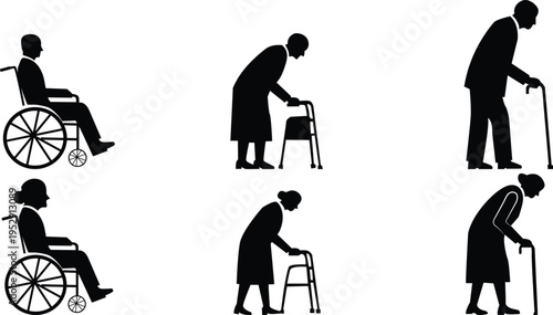 Silhouettes of elderly people with mobility aids