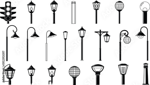 Streetlight icons, traffic lights, silhouette design, urban lighting, public infrastructure, lamp styles, vector set, road signals, city decor, line art