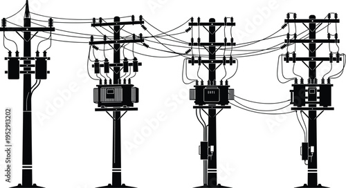 Utility poles, power lines, electrical transformers, silhouette design, energy infrastructure, distribution network, rural grid, insulators, electric system, infrastructure art